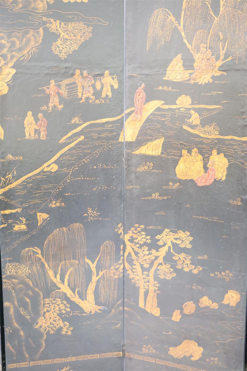 A 19th century Chinese gilt black six fold screen, each panel 45cm, 237cm high